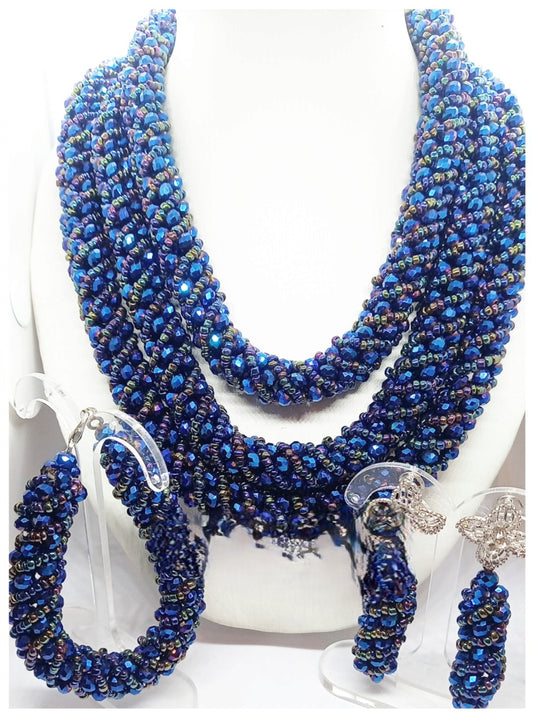 Midnight Blue Luxury Multi-Layered Beaded Necklace Set with Bracelet & Earrings (DSE-NBS-0001)