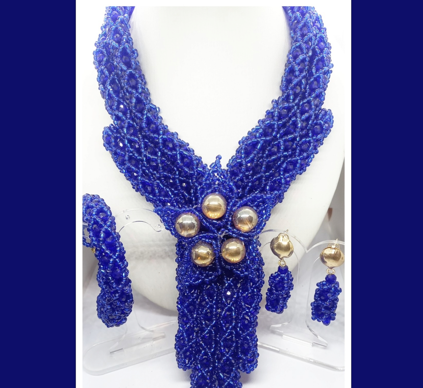 Royal Blue Woven V-Neck Beaded Necklace Set with Gold Accent Balls, Bracelet & Earrings (DSE-RBL0003)