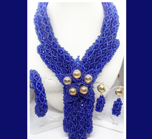Royal Blue Woven V-Neck Beaded Necklace Set with Gold Accent Balls, Bracelet & Earrings (DSE-RBL0003)