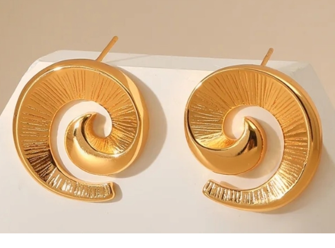 18K Gold Plated Vintage Spiral Irregular Hoop, Hypoallergenic, Stainless Steel Geometric Earrings