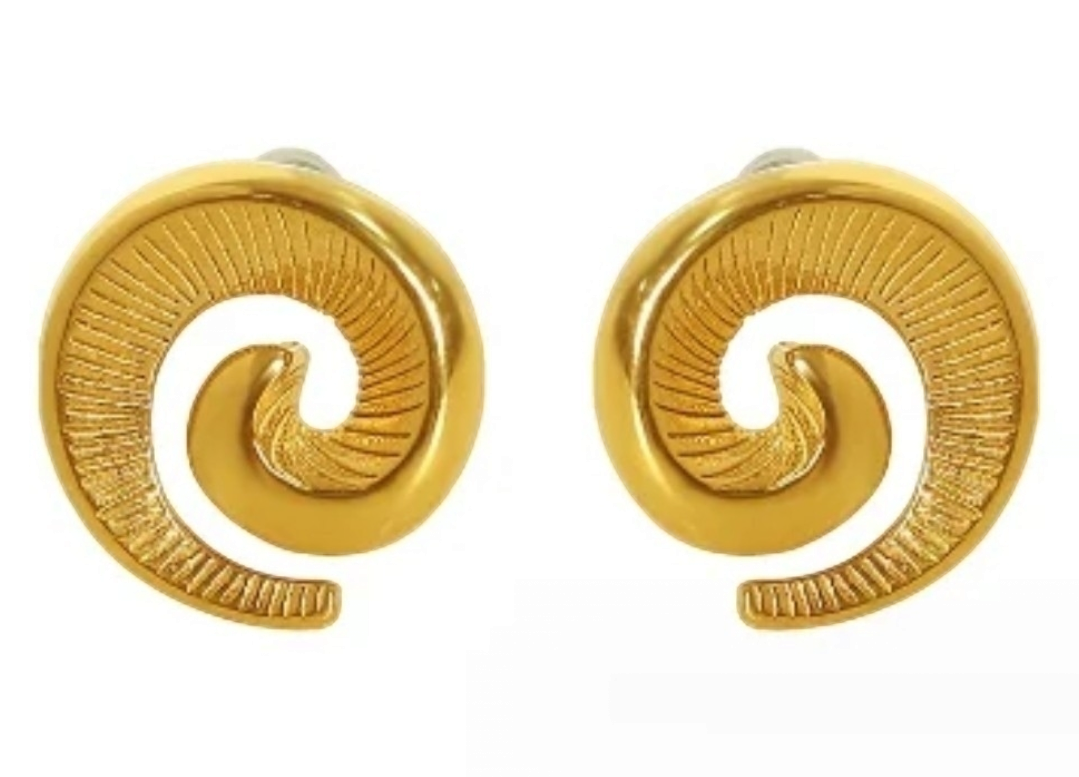 18K Gold Plated Vintage Spiral Irregular Hoop, Hypoallergenic, Stainless Steel Geometric Earrings