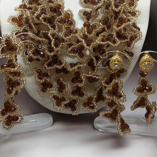 Coffee Brown & Gold Luxury Floral Cluster Beaded Necklace Set with Bracelet & Earrings (DSE-BSS-0001)