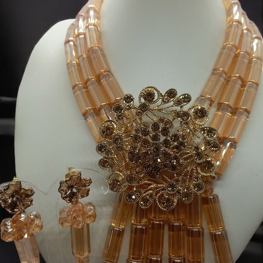 Champagne Gold Luxury Tube Beaded Necklace Set with Crystal Brooch, Bracelet & Earrings (DSE-GLDT-001)