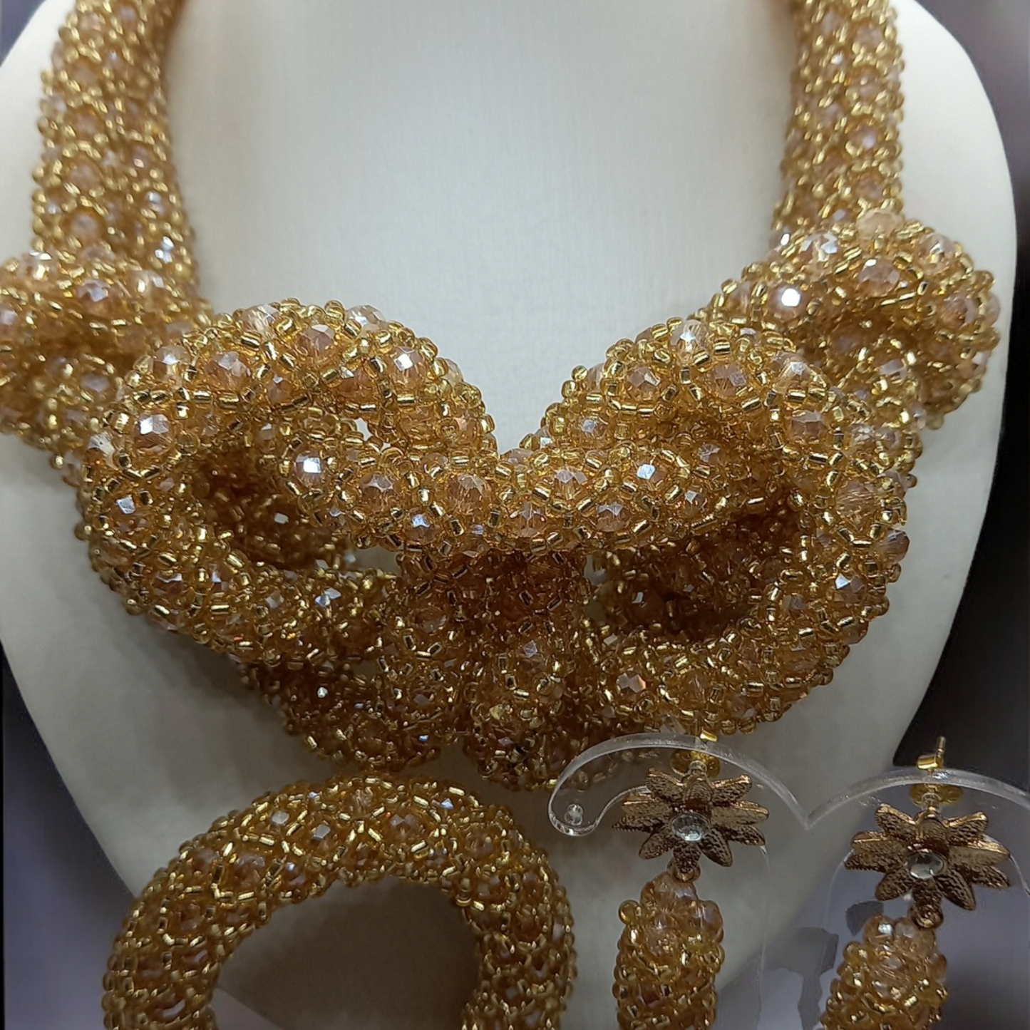 Champagne Gold Luxury Knot Beaded Necklace Set with Bracelet & Earrings (DSE-GLD-0001)