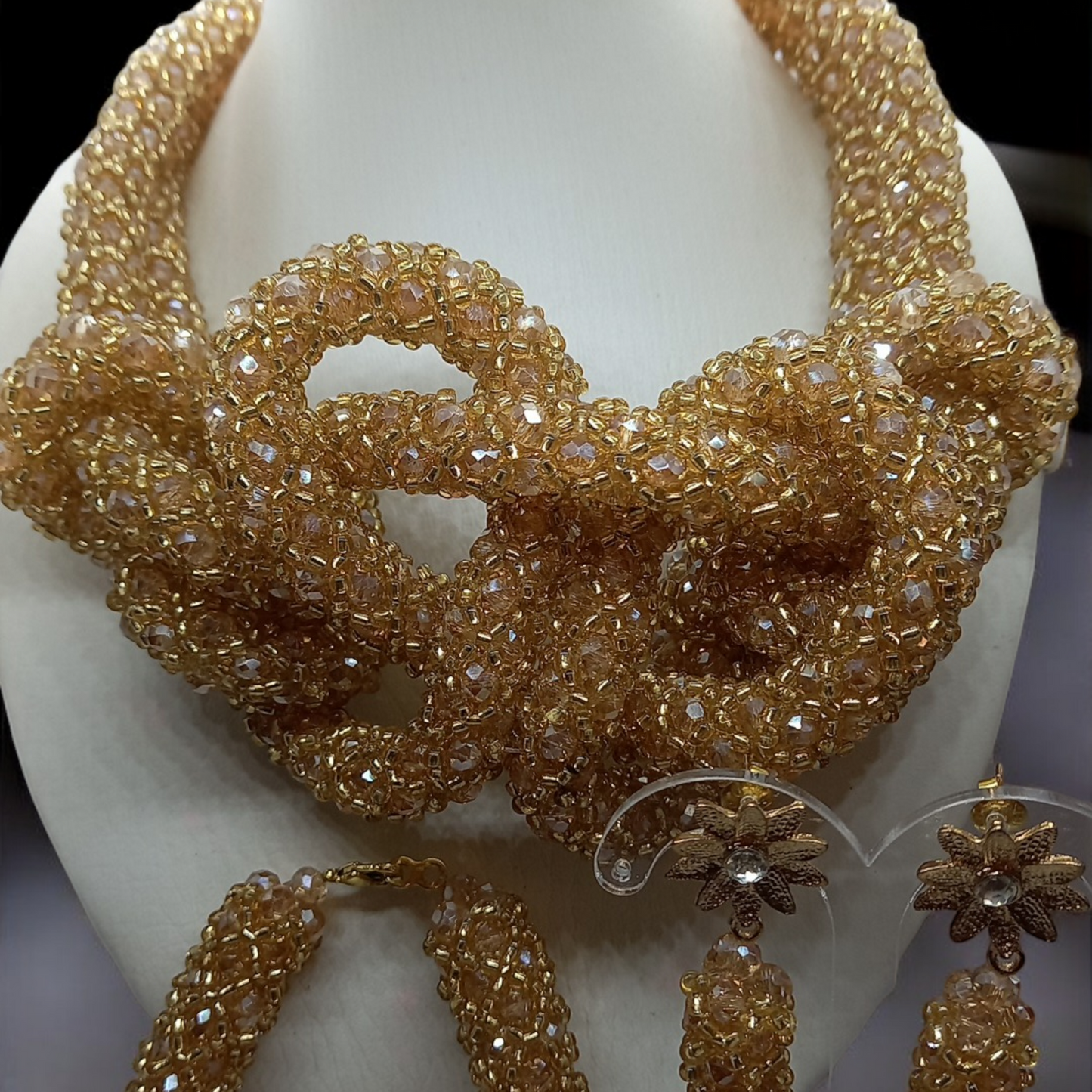 Champagne Gold Luxury Knot Beaded Necklace Set with Bracelet & Earrings (DSE-GLD-0001)