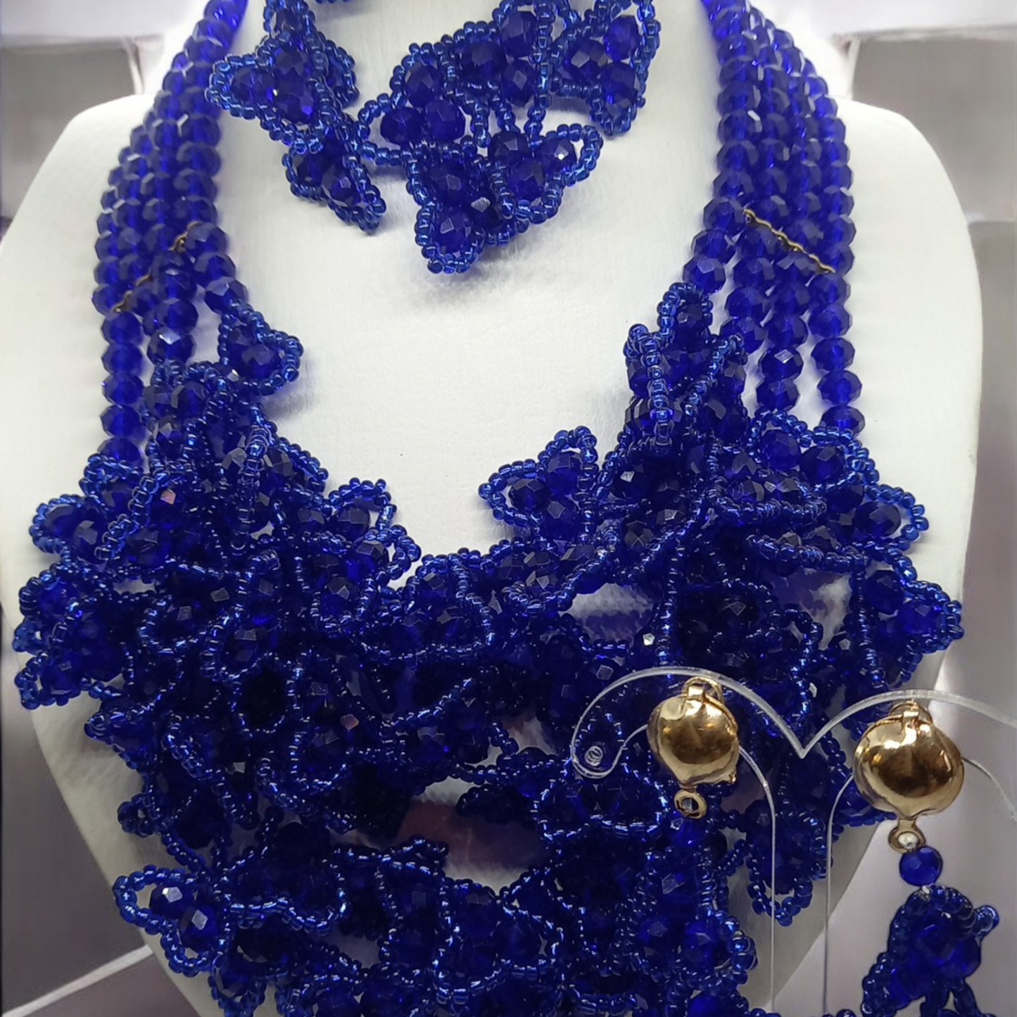 Royal Blue Luxury Floral Cluster Beaded Necklace Set with Bracelet & Earrings (DSE-BL-0001