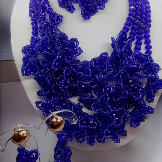 Royal Blue Luxury Floral Cluster Beaded Necklace Set with Bracelet & Earrings (DSE-BL-0001