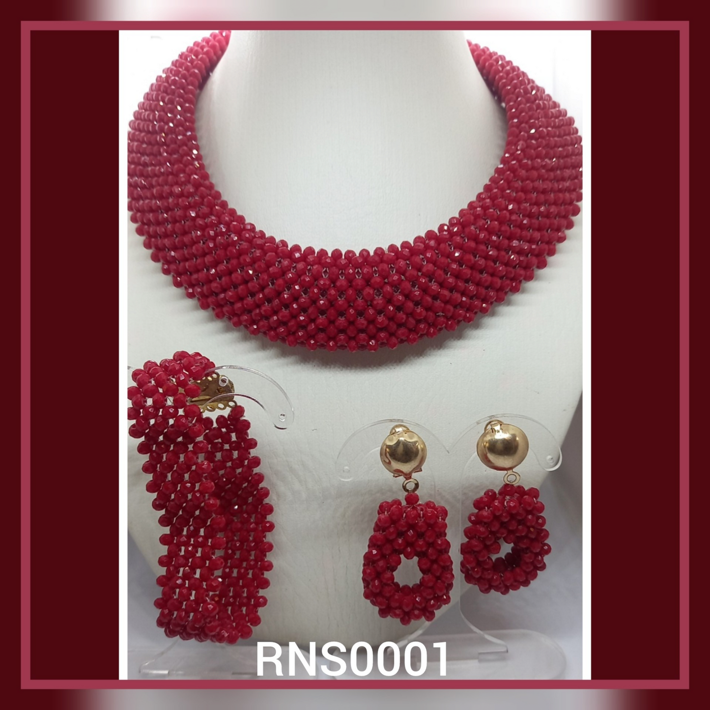 Ruby Red Luxury Handcrafted Beaded Necklace Set with Bracelet & Earrings (DSE-RNS-0001)