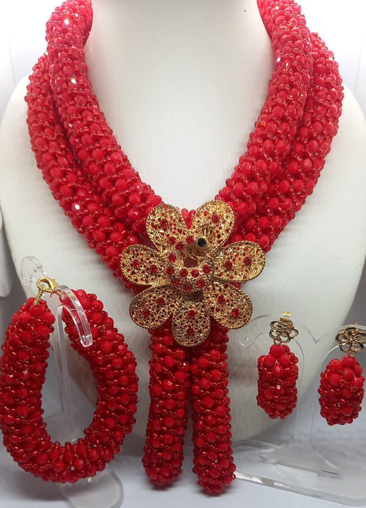 Red Luxury Floral Beaded Necklace Set with Bracelet & Earrings (DSE-ROS-0001)