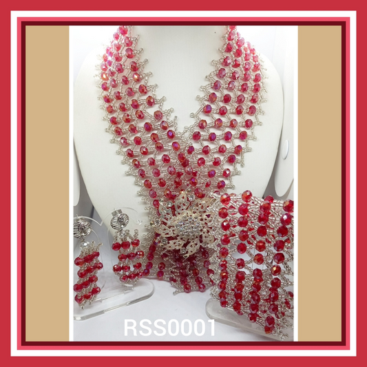 Red & Silver Luxury Multi-Strand Crystal Beaded Necklace Set with Statement Brooch & Earrings (DSE-RSS-0001)