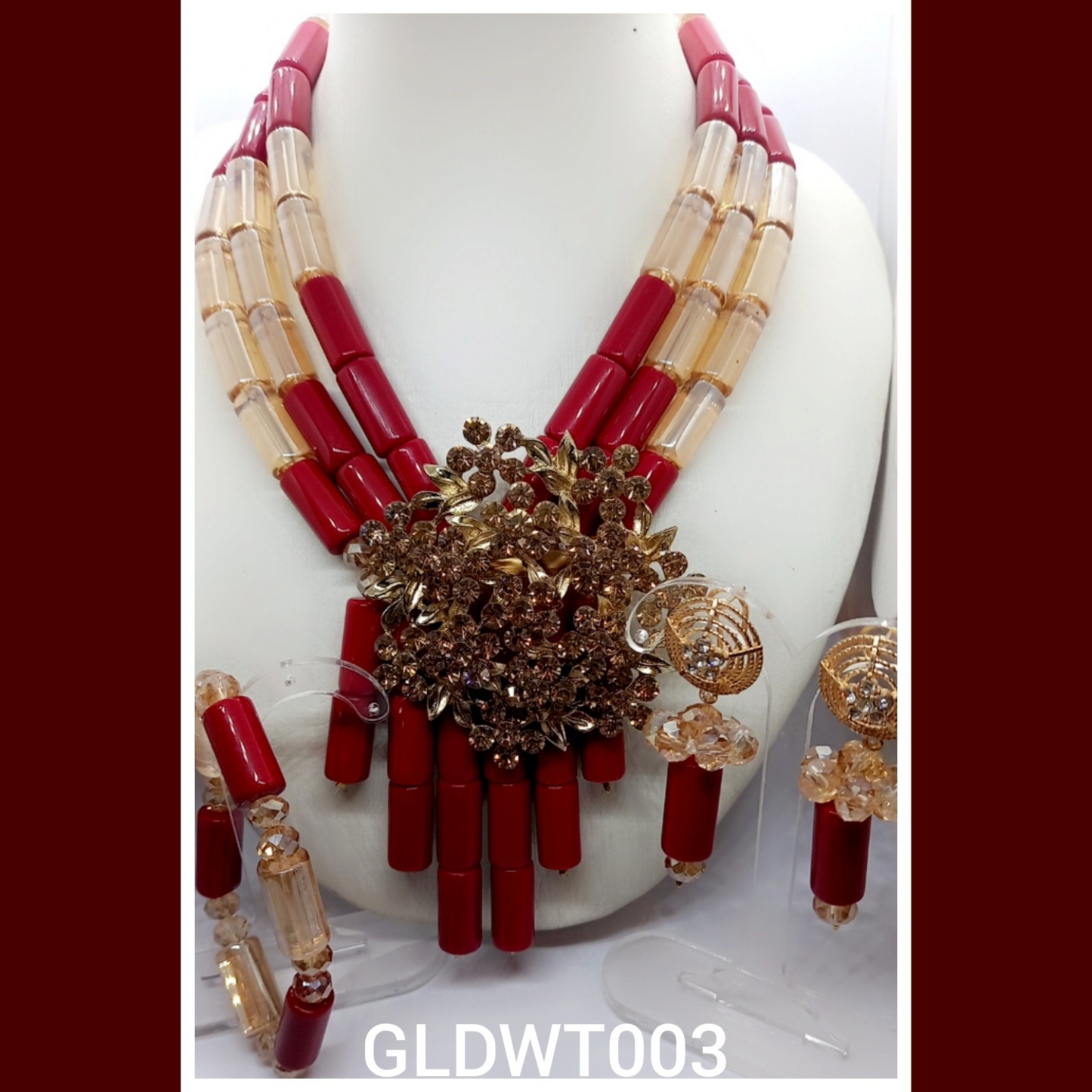 Gold and Wine Crystal glass tube with brooch necklace and bracelet and earrings (GLDWT003)
