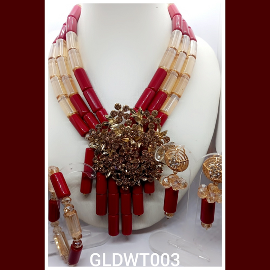 Gold and Wine Crystal glass tube with brooch necklace and bracelet and earrings (GLDWT003)